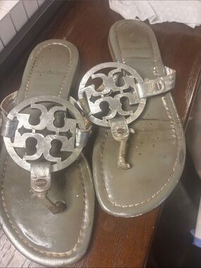 Tory Burch Metallic Silver Logo Toe-Post Sandals